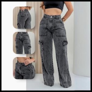 Calça Cargo Feminina Jeans Bolso Lateral Wid Leg 34 ao 44 Pantalona Cintura Alta