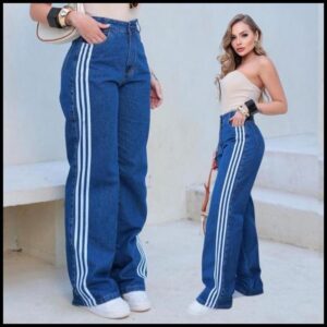 Calça Jeans Feminina Cargo Wide Leg Cintura Alta Listras Laterais Estilo Esportivo Streetwear