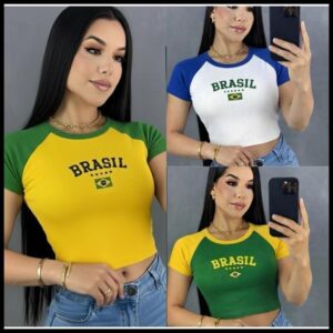 Cropped do Brasil Feminino Bicolor Manga Curta Ribana Babylook Copa Do Mundo Tendência Bandeira