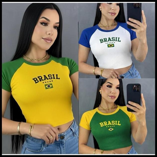 Cropped do Brasil Feminino Bicolor Manga Curta Ribana Babylook Copa Do Mundo Tendência Bandeira