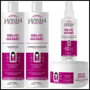 Kit completo 4 itens Japinha Brilho Máximo | Shampoo, Condicionador, Máscara