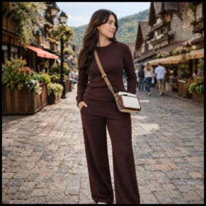 CONJUNTO COMFY FEMININO OUTONO/INVERNO: CALÇA PANTALONA, CINTURA ALTA COM ELÁSTICO E BLUSA LANZINHA