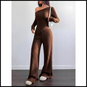 Conjunto Mila Feminino Blusa Assimétrica Manga Comprida + Calça Pantalona Malha Ribana Moda Inverno