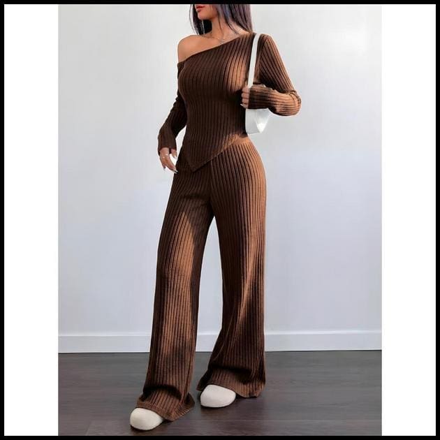 Conjunto Mila Feminino Blusa Assimétrica Manga Comprida + Calça Pantalona Malha Ribana Moda Inverno