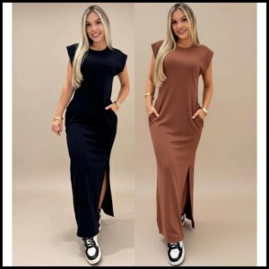Vestido longo casual básico feminino ribana manga canelada muscle fashion gringa preto marrom