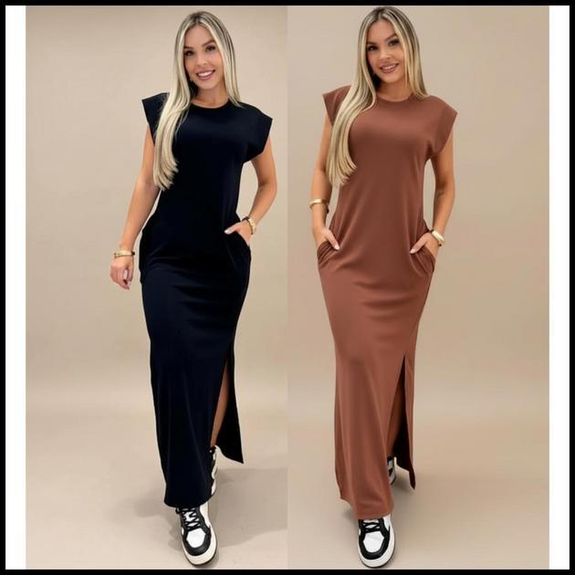 Vestido longo casual básico feminino ribana manga canelada muscle fashion gringa preto marrom