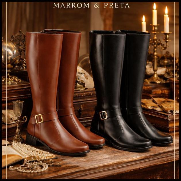 Kit 2 Botas Montaria Feminina Cano Longo Salto Grosso Confortável Elegante Bico Redondo Promoção