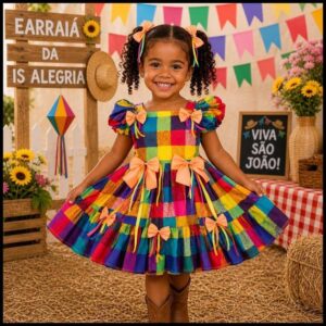 Vestido Festa Junina Infantil Xadrez Com Laços Rodado 2 ao 10 - PB