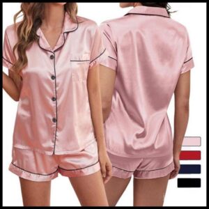 Joyjoy Conjunto de Pijama de Cetim Plus Size, Duas Peças, Camiseta de Manga Curta e Shorts, M-2XL