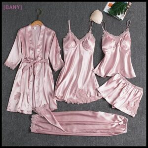 [BANY] 5 Peças Roupão De Seda Roupa De Dormir Feminina Renda Sa Pijama Vestido Conjunto Com Decote Em V Cami Camisola Us