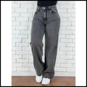 calça wid leg feminina Jeans Cintura Alta Cós Alto Lycra Grossa Rasgada Cinza Grafit Marmorizada