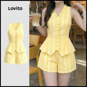 Lovito Lado Listra Lazer Primavera/verão Top Amarelo Tops ou Bottoms para Mulheres LK4ED1035