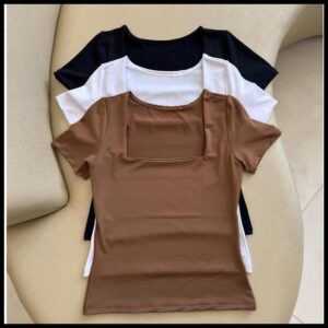 kit 3 Blusas Feminina Baby Look Manga Curta Gola Quadrada Decote Quadrado Moda Casual Versátil Blogueira 2025