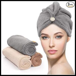 Kit C/3 Toalha Microfibras Com Botão Grossa Mágica Para Cabelo Secar Rápido Touca Banho Casa Promoção