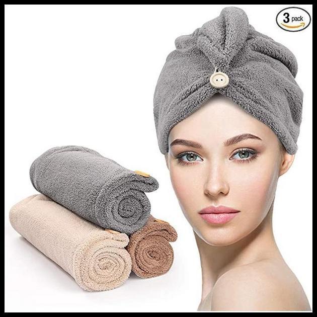 Kit C/3 Toalha Microfibras Com Botão Grossa Mágica Para Cabelo Secar Rápido Touca Banho Casa Promoção