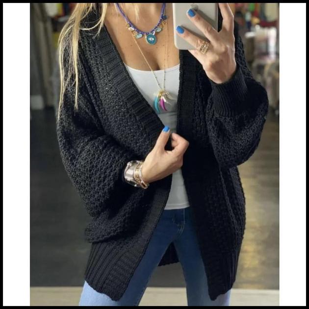 Cardigan tricot manga folgada aberto grosso
