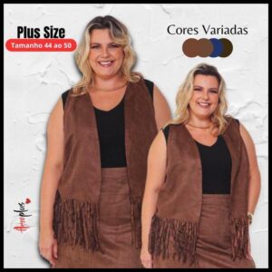 Colete Feminino Suede com Franja Plus Size