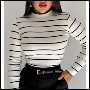 Blusa Feminina Cacharrel Manga Longa Gola Alta Listrada Inverno Moda Basica Casual Trabalho