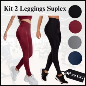 Kit C/ 2 Calças Legging Suplex Feminina Fitness Cós Alto
