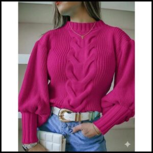 Blusa de Frio Feminina Trança Manga Bufante Modelo Blogueirinha