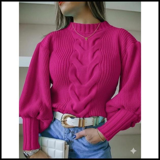 Blusa de Frio Feminina Trança Manga Bufante Modelo Blogueirinha