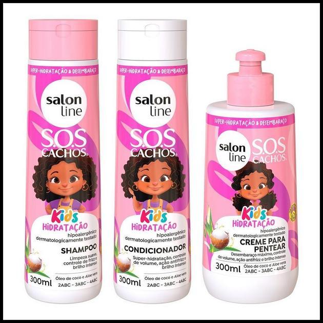 Kit Shampoo + Condicionador + Creme para Pentear 300ml SOS Cachos Kids Hidratação Salon Line