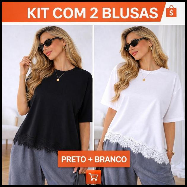 Kit 2 Blusas Feminina Oversized com Renda Premium 100% algodão Moda Blogueira Tendência