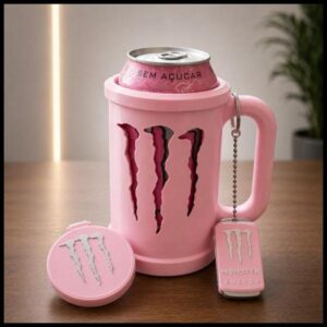 Kit Porta Lata Monster Energy com Alça + Tampa + Chaveiro Abridor | Suporte Térmico Energético