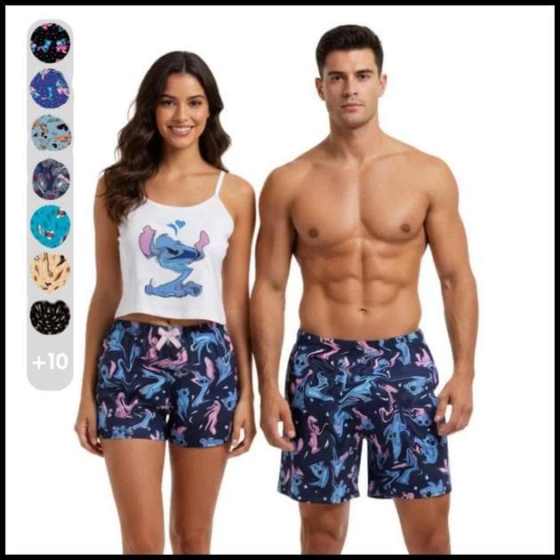 Kit Casal Pijama Namorados Modelo Cropped Virgínea e Samba Canção - Modelo Tradicional e Cropped