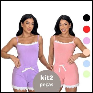 Kit 2 Pijamas Baby Doll Sexy Short Doll Canelado Feminino Detalhe de Renda Luxo Premium Sem Bojo