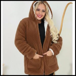 Casaco de Frio Teddy Feminino Dupla Face com Capuz e Bolsos Confortável Inverno 2026