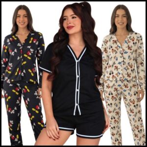 Pijama Feminino Aberto Adulto Baby Doll Americano Luxo/ Pijama Feminino Curto Aberto Botão Frontal