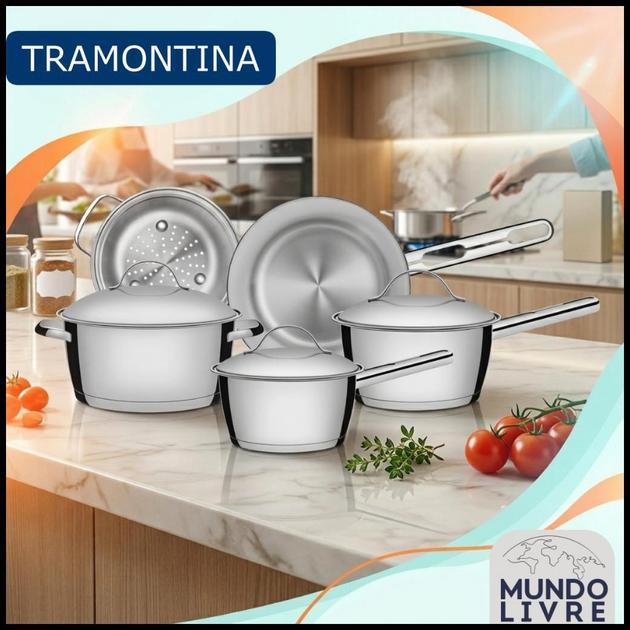 Jogo de Panelas Tramontina Allegra em Aço Inox com Fundo Triplo de indução 5 Peças
