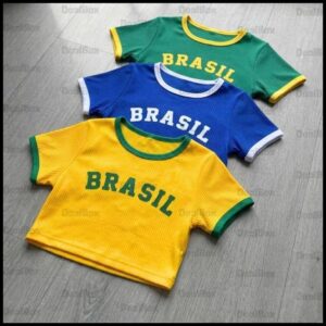 Cropped Brasil Feminino Copa Amarelo Verde Azul Tamanho Único Blusa Brasil Copa Kit 1 2 ou 3
