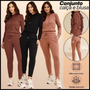 Conjunto Feminino Calça Jogger e Blusa Canguru C Capuz Tipo Moletom Para o Frio Inverno C Lycra