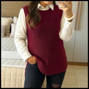 Colete Feminino Tricot Mulet Fenda Lateral Pullover Moda Luxo