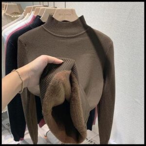 Mulheres Outono Inverno Camisola Grossa Quente Manga Longa Sólida De Malha Veludo Meia Gola Alta Pulôver Suéteres