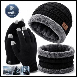 Kit Inverno Touca Forrada + Luva Touch Screen + Cachecol Gola Quente Unissex Frio Masculino Feminino