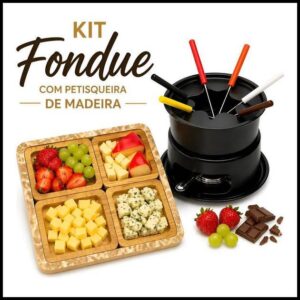 Kit Fondue Completo + 01 Conjunto 4 petisqueira Madeira Até 6 Pessoas Chocolate Queijo Caldos Garfos Longos 13 Peças