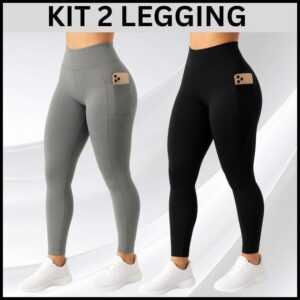 2 Calças Legging com Bolso Lateral Suplex Cós Alto Largo Academia Crossfit Verão Fitness