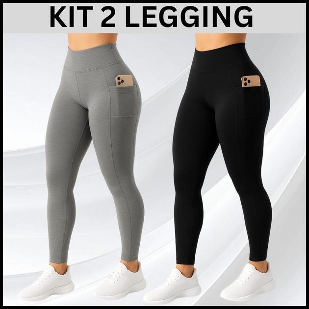 2 Calças Legging com Bolso Lateral Suplex Cós Alto Largo Academia Crossfit Verão Fitness