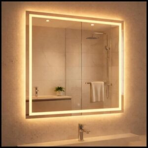 Espelho com Touch Quadrado 40x40 Jateado Fino LED 3 Cores Touch Banheiro Lavabo Quarto Luxo