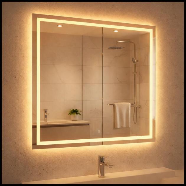 Espelho com Touch Quadrado 40x40 Jateado Fino LED 3 Cores Touch Banheiro Lavabo Quarto Luxo