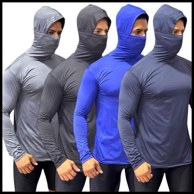 Camisa Térmica Masculina Manga Longa Com Capuz e Balaclava Touca Ninja Proteção Solar