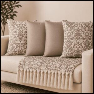 Kit Manta Decorativa 1,80x1,40 + 4 Capas de Almofada Jacquard Sofá Sala Luxo