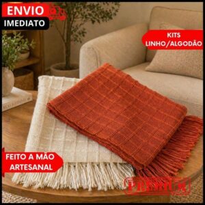 Manta Para Sofá GG e Peseira De Cama Terracota E Cru Detalhe Em Quadriculado artesanal...