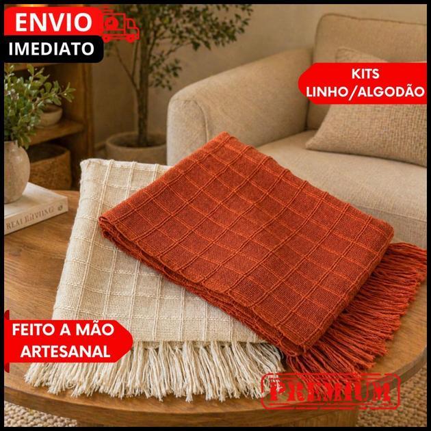 Manta Para Sofá GG e Peseira De Cama Terracota E Cru Detalhe Em Quadriculado artesanal...