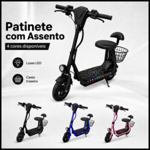 Patinete Elétrico Suporta ate 80kg Infantil 250W Mini Scooter Bluetooth LED Colorido Freio Farol Cesto