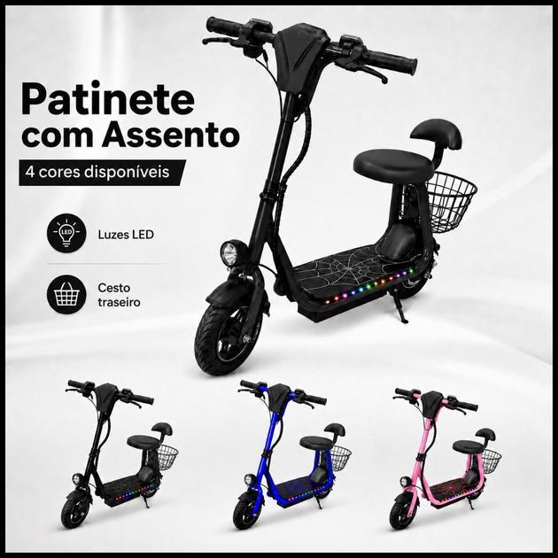 Patinete Elétrico Suporta ate 80kg Infantil 250W Mini Scooter Bluetooth LED Colorido Freio Farol Cesto