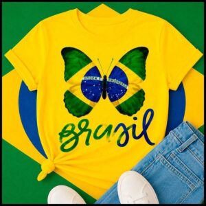 Camiseta Feminina Brasil Borboleta 100% Algodão Manga Curta T-shirt Verão